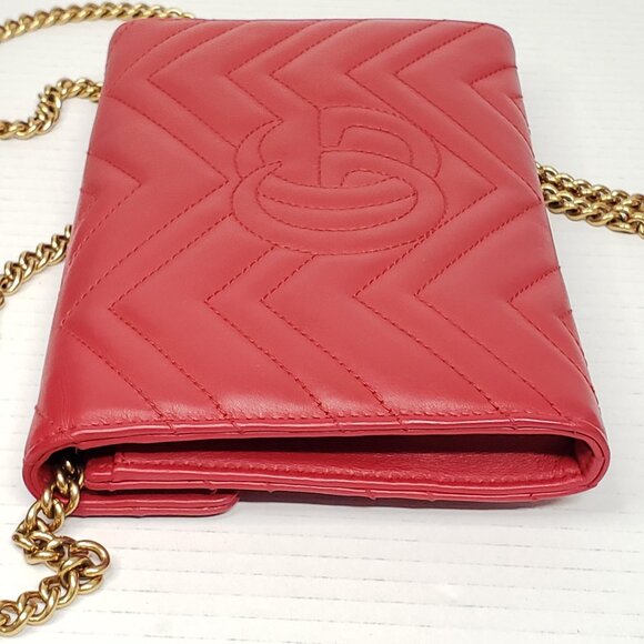 Gucci Marmont Red Chevron Gold Chain Clutch Crossbody Bag 550-100525 - Picture 5 of 16